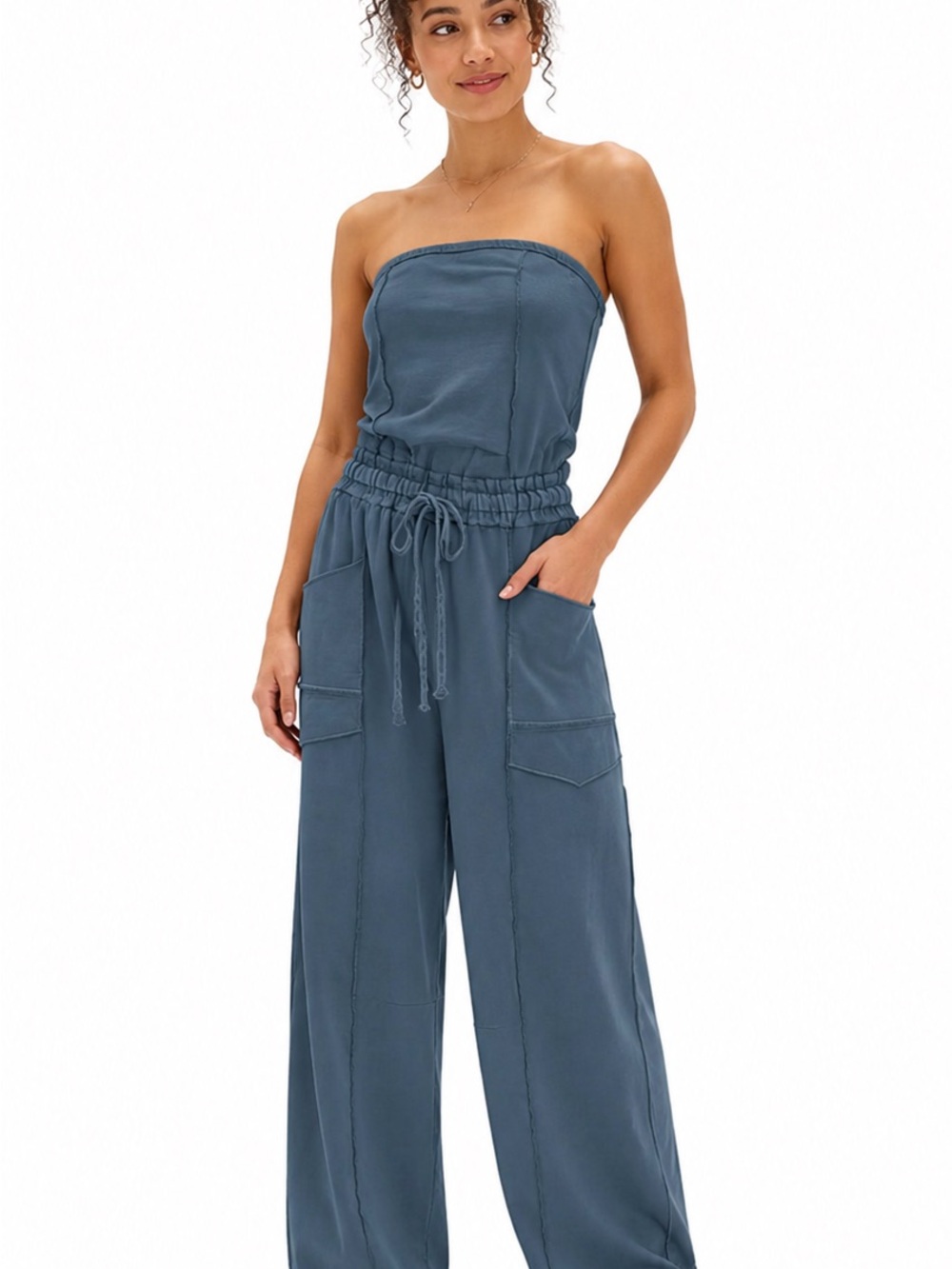 Strapless Wide-Leg Jumpsuit in Slate Blue